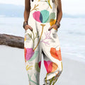 Women's Colourful Art Flowers Print Casual 100% Cotton Wide Leg Jumpsuit