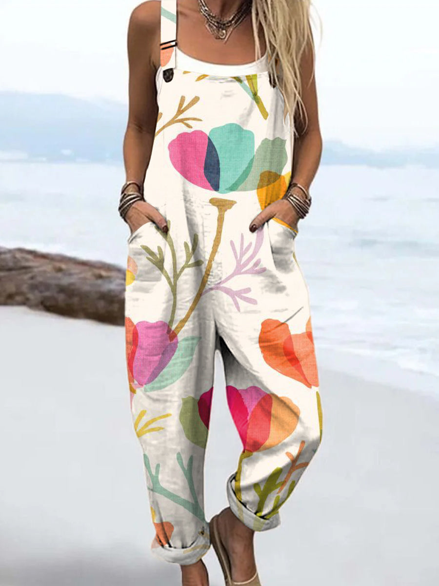 Women's Colourful Art Flowers Print Casual 100% Cotton Wide Leg Jumpsuit