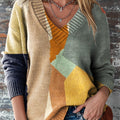 Vintage Abstract Geometric Painting Art Print Knit V-neck Pullover Sweater