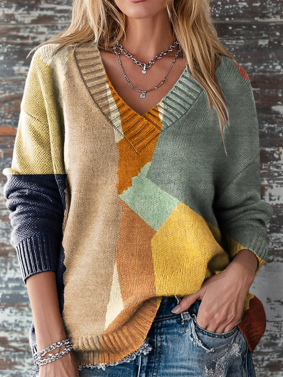 Vintage Abstract Geometric Painting Art Print Knit V-neck Pullover Sweater