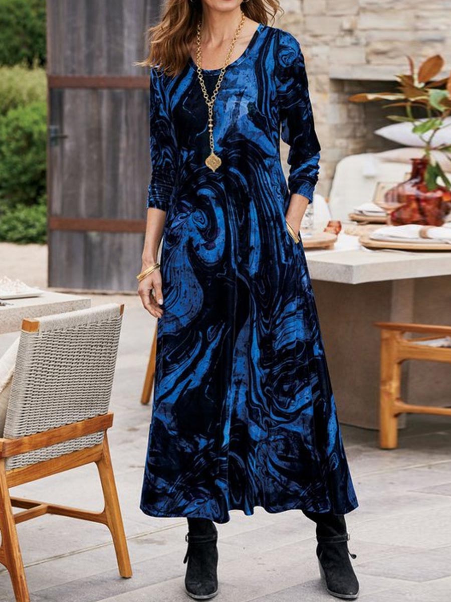 Women's Abstract Print Round Neck Long Sleeve Velvet A-Line Dress