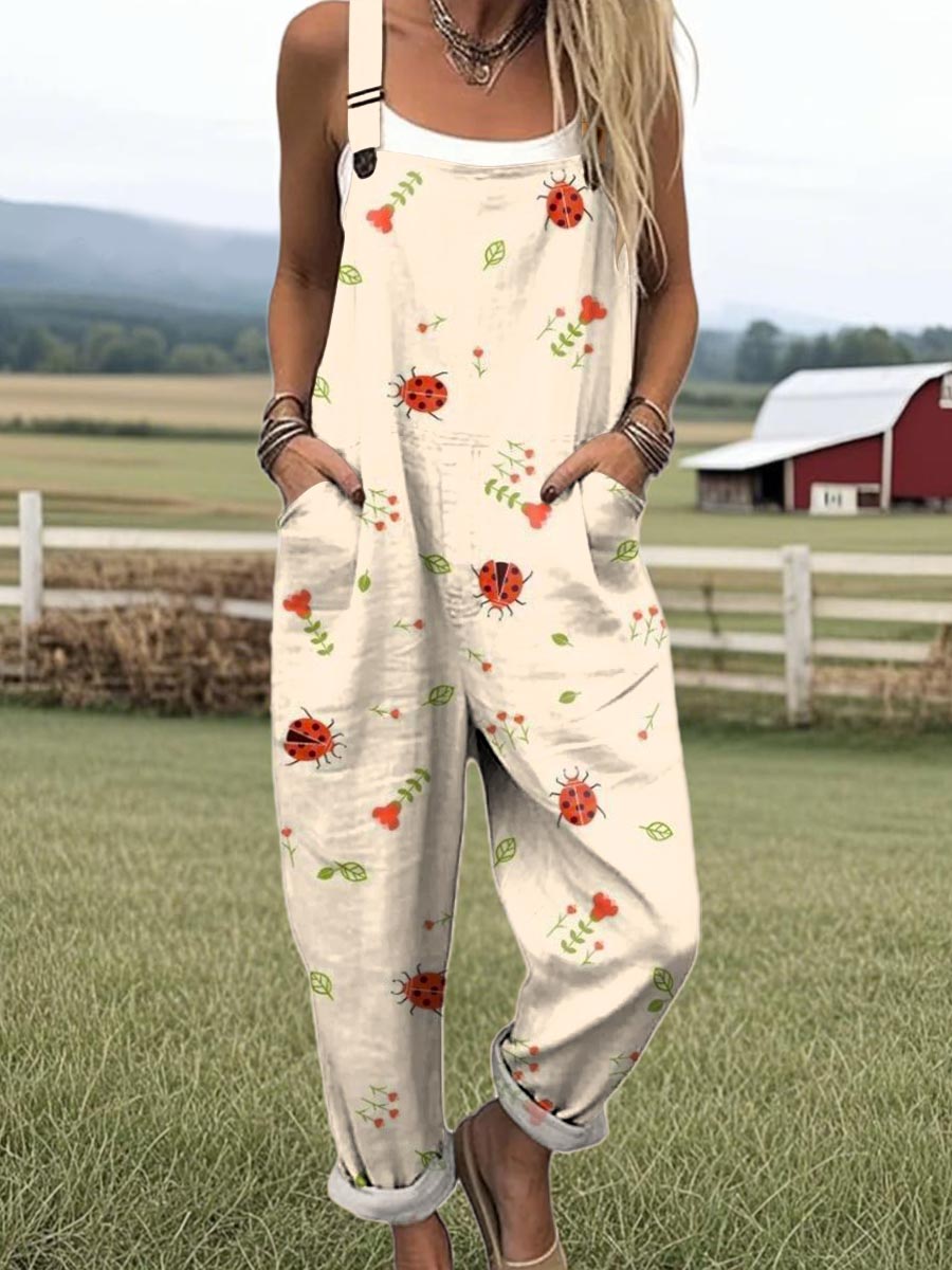 Women's Lovely Insects Art Print Casual 100% Cotton Wide Leg Jumpsuit