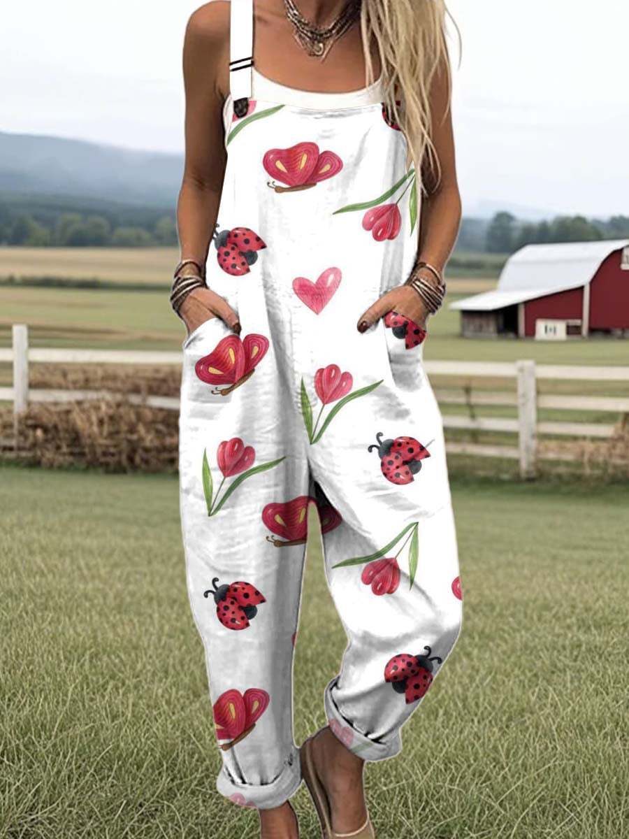 Women's Lovely Floral Insects Art Print Casual 100% Cotton Wide Leg Jumpsuit