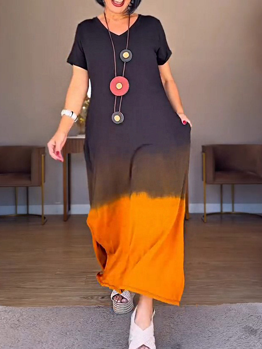 Women's Gradient Print V-Neck Short Sleeve Casual Cotton Dress