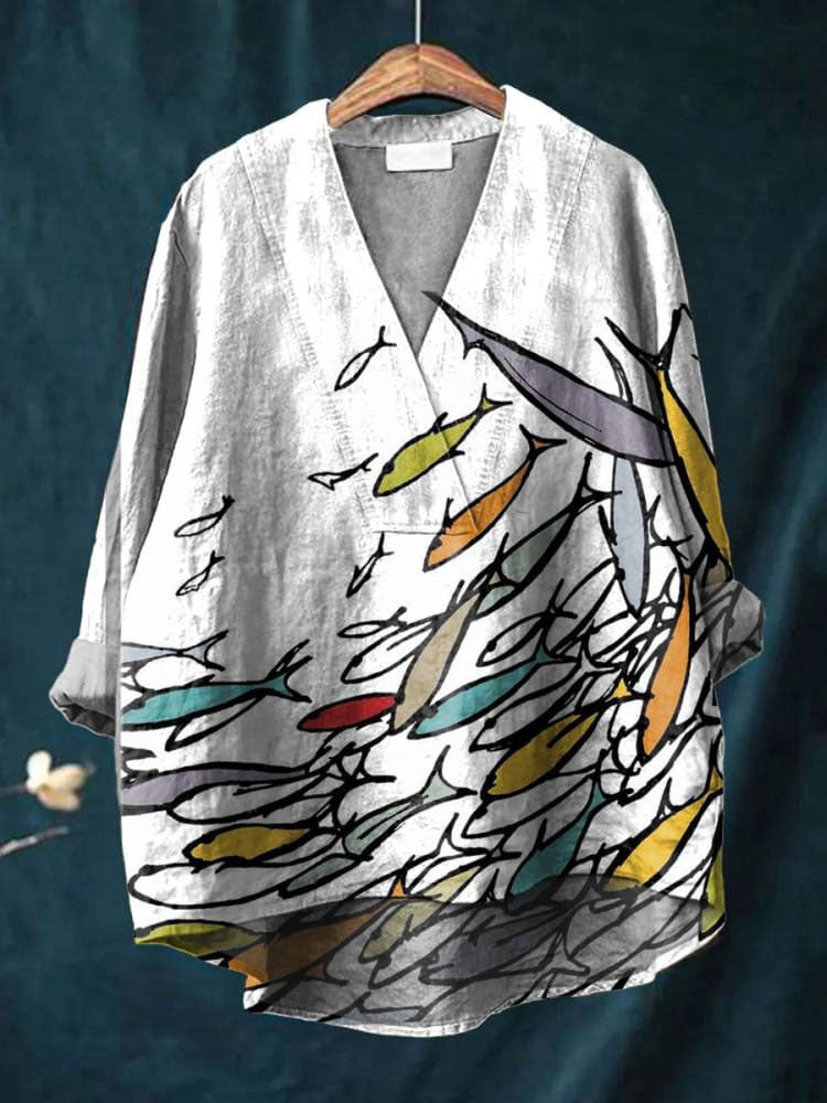 Women's Ocean Fish Art Print Casual Cotton And Linen V-neck Shirt