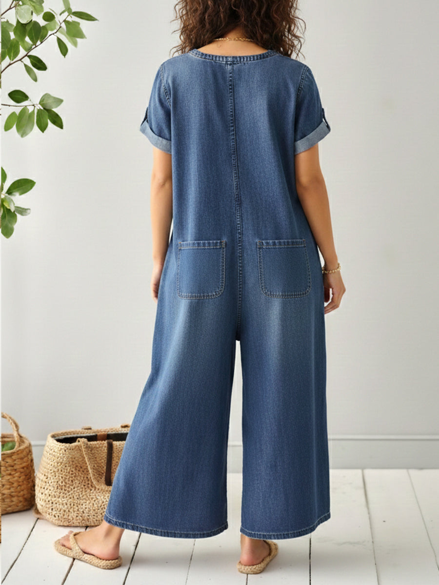 Women's Casual Loose Short-sleeved Denim Jumpsuit