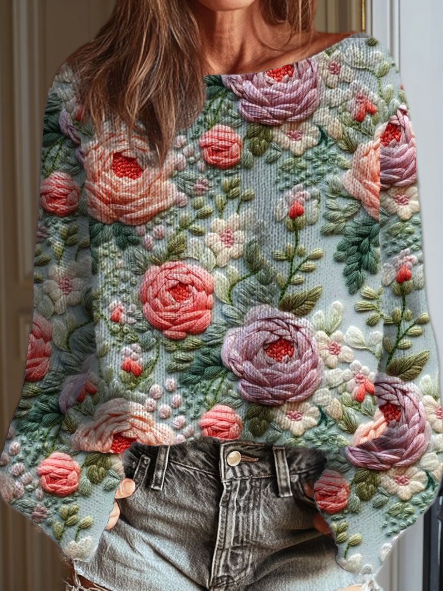 womens-vintage-flower-art-print-casual-pullover-sweater-4l0z