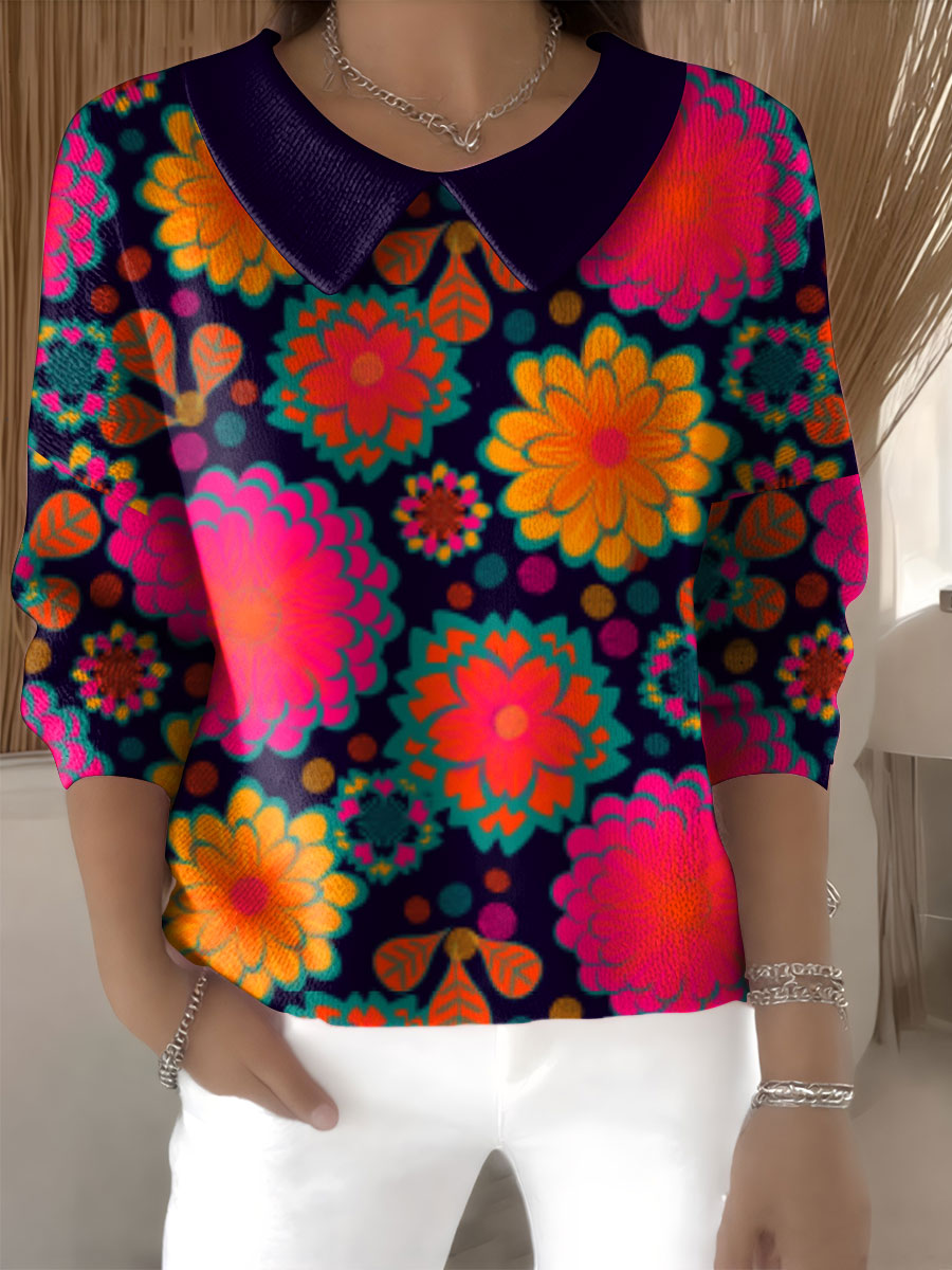 Women's Floral Flowers Casual Print Peter Pan Collar 3/4 Sleeve Sweater