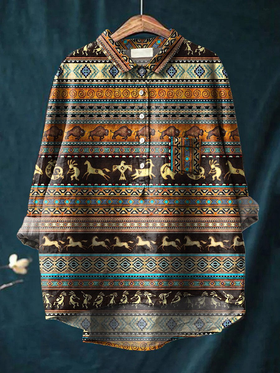 African Tribal Pattern Printed Women's Casual Cotton And Linen Shirt