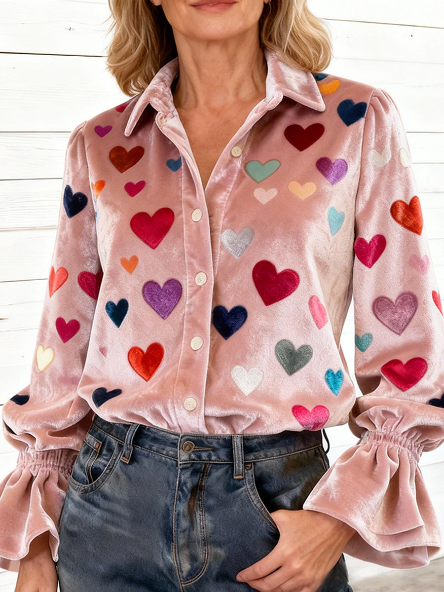 Women's Colorful Heart-print Casual Velvet Valentine's Day Shirt