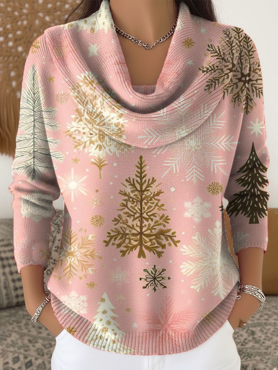 Women's Christmas Tree Art Print Cowl Neck Sweater