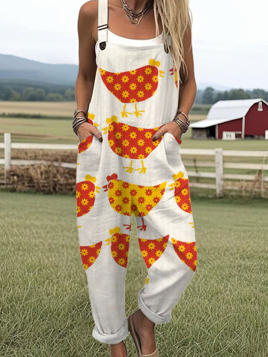 Women's  Funny Chicken Art Print Casual 100% Cotton Wide Leg Jumpsuit
