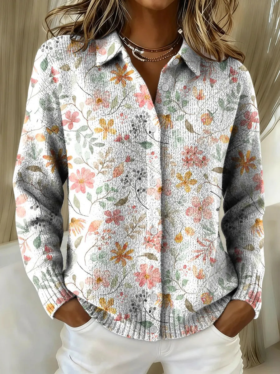 Women's Fresh Small Floral Print Printed Collared Sweater