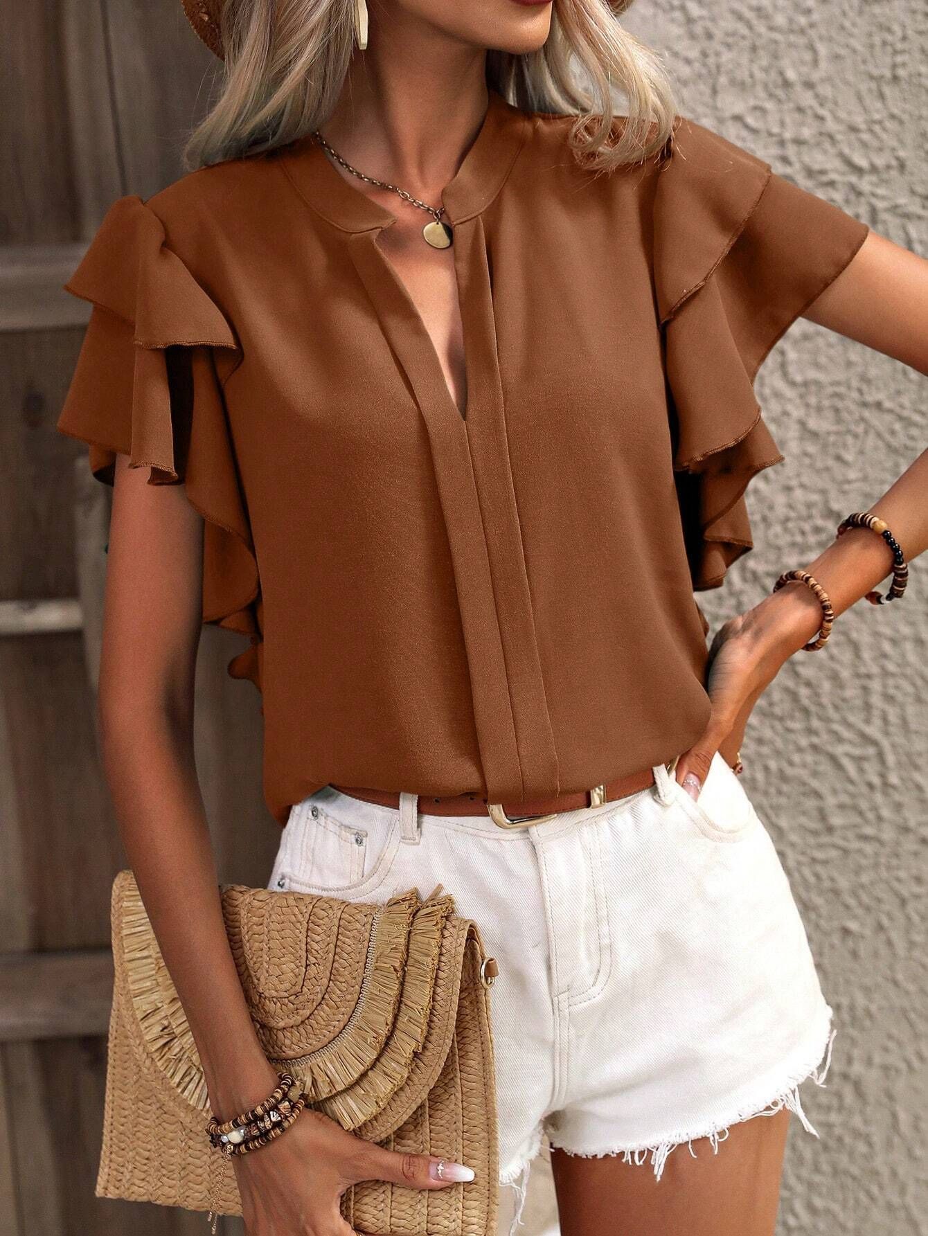 Women's Solid Color Casual Elegant Ruffled Sleeves V-neck Shirt