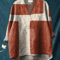 Abstract Color Block Pattern Printed Women's Casual Cotton And Linen V-Neck Shirt
