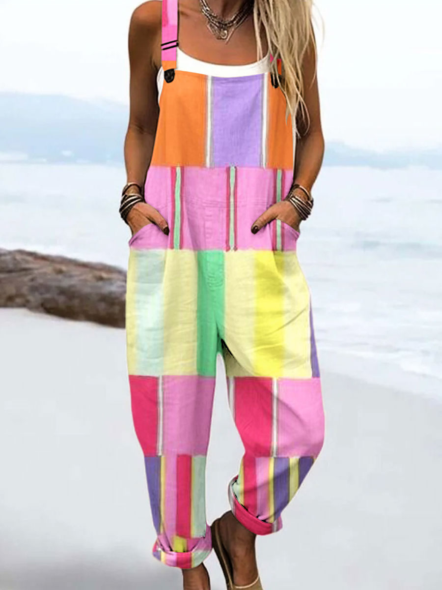 Women's Vintage Abstract Geometric Line Art Print Casual 100% Cotton Wide Leg Jumpsuit