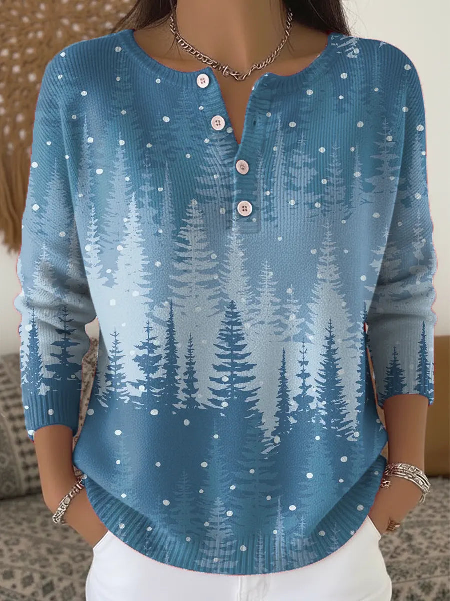 Women's Christmas Tree Art Print Buttoned Cardigan Sweater
