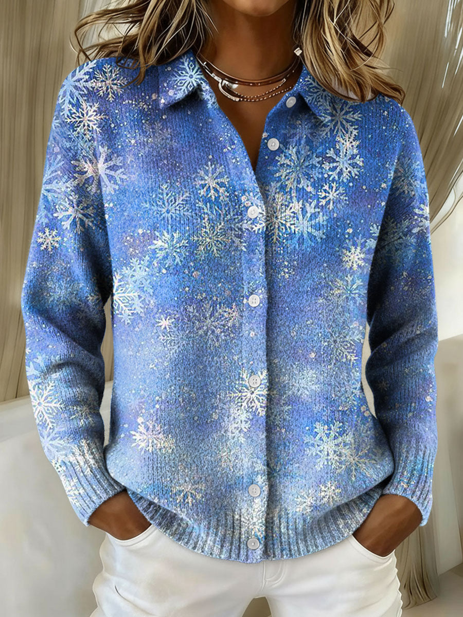 Women's Christmas Snowflake Gradient Pattern Print Cowl Neck Sweater