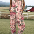 Women's  Vintage Flower Art Print Casual 100% Cotton Wide Leg Jumpsuit