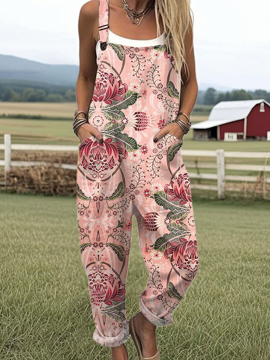 Women's  Vintage Flower Art Print Casual 100% Cotton Wide Leg Jumpsuit