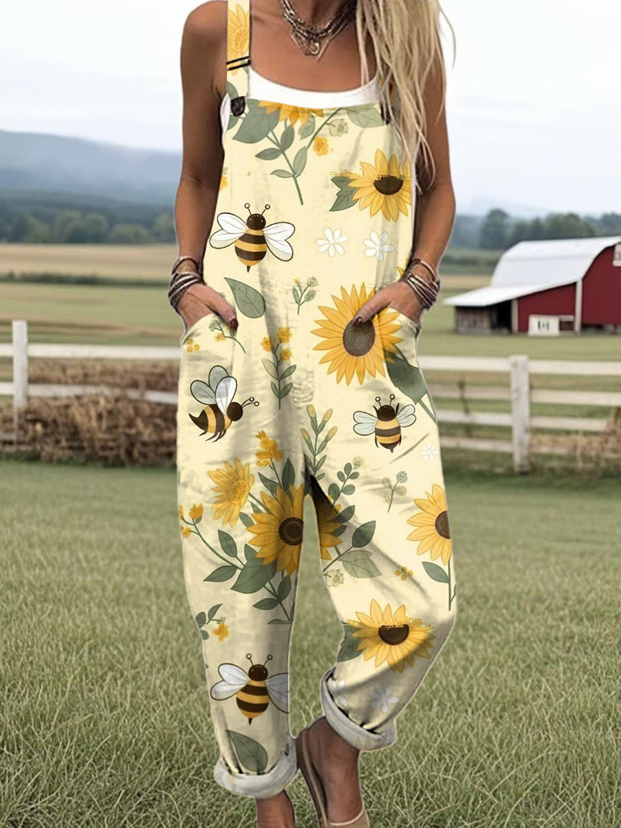 Women's Art Flower Cute Bee Print Casual 100% Cotton Wide Leg Jumpsuit