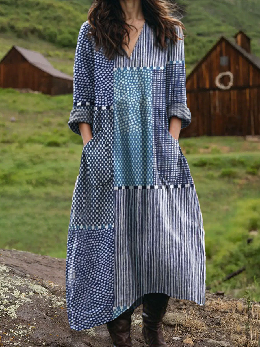 Women's Vintage Abstract Geometric Art Print Pocket V-neck Cotton Dress