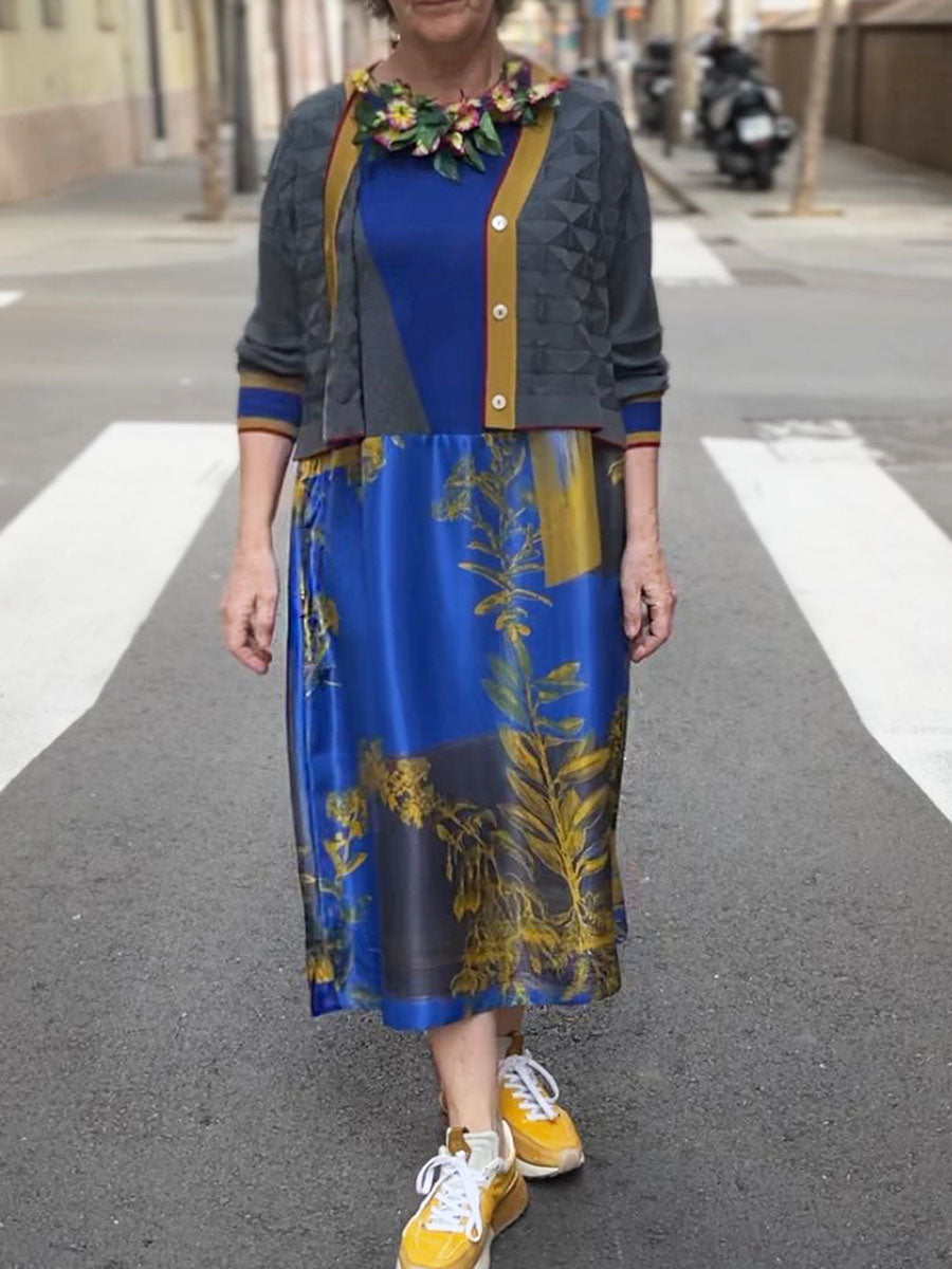 Women's Round Neck Sleeveless Geometric Pattern Printed Casual Cotton and Linen Vest Dress