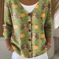 Thanksgiving Turkey Pumpkin Print Buttoned V-neck Cardigan Sweater