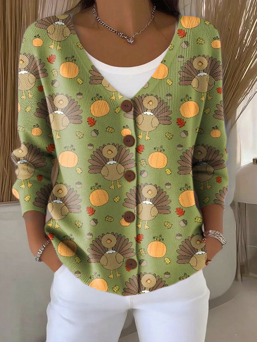 Thanksgiving Turkey Pumpkin Print Buttoned V-neck Cardigan Sweater