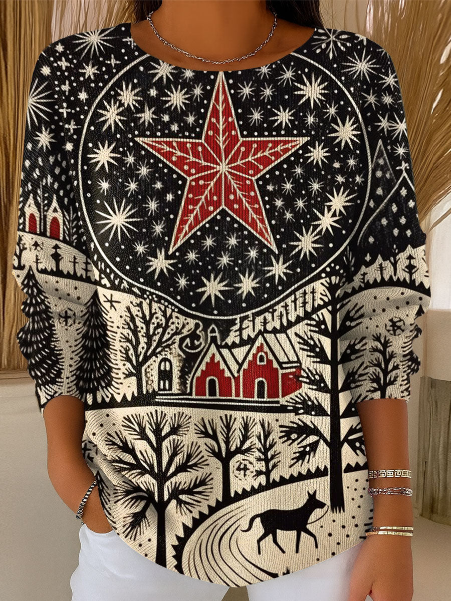 Women's Retro Style Christmas Tree Art Print Casual Pullover Sweater