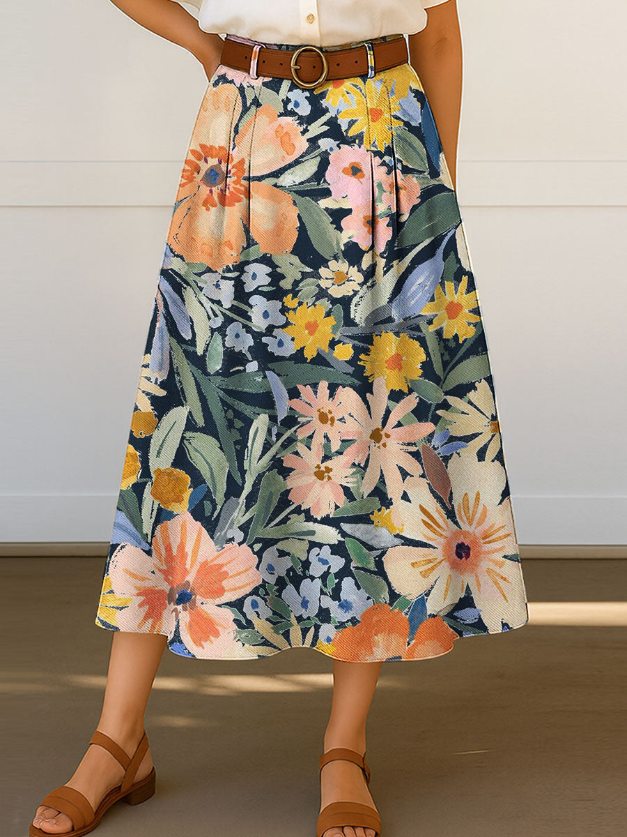Women's Retro Flowers Floral Pattern Print High Waist Casual A-Line Skirt