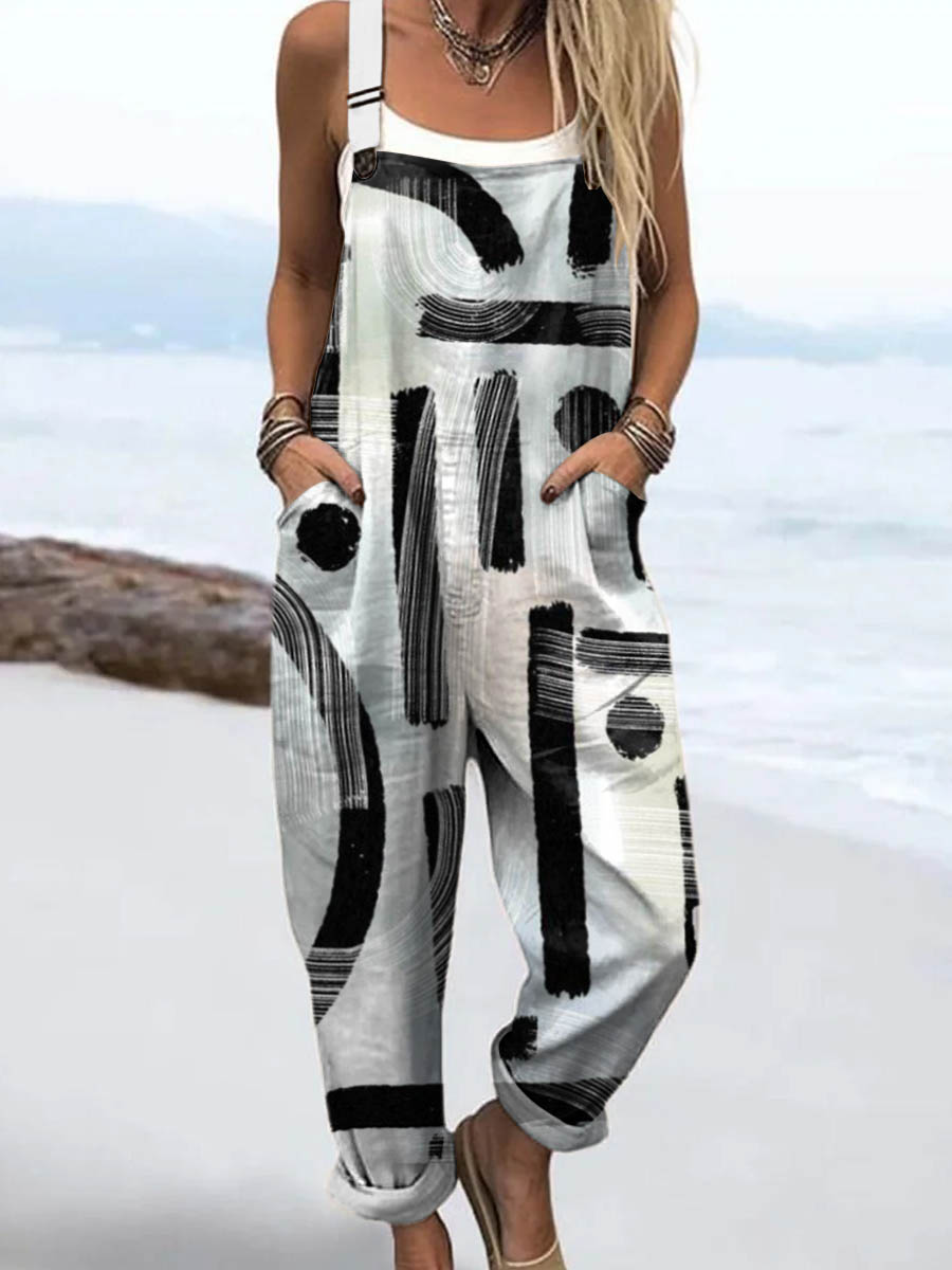 Women's Abstract Pattern Art Print Casual 100% Cotton Wide Leg Jumpsuit