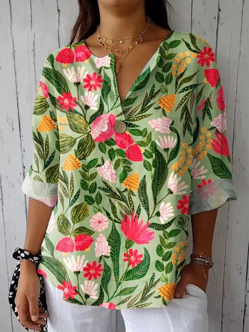 Women's Retro Floral  Art Print Casual Cotton Linen Shirt