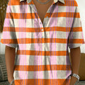 Women's Retro Color-block Striped Artistic Print Cotton-linen Short-sleeve Shirt
