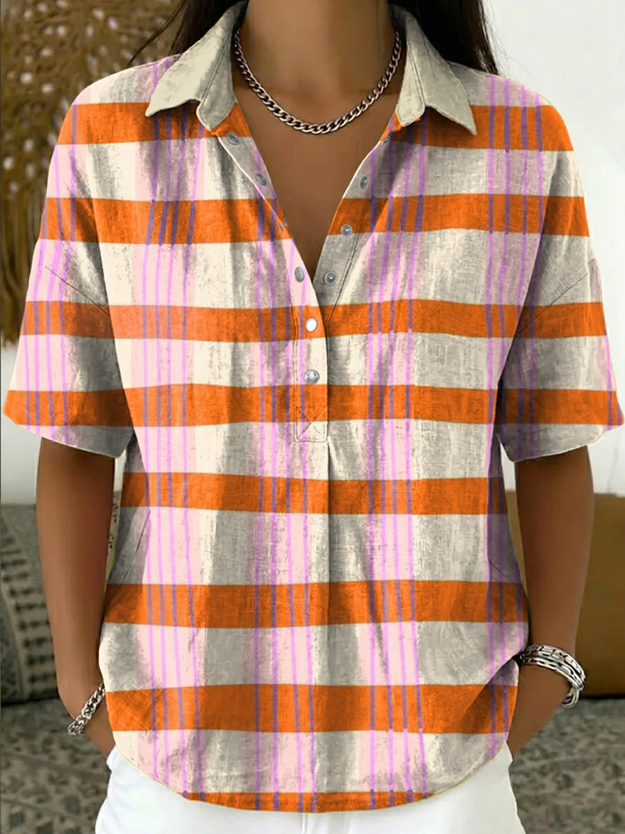 Women's Retro Color-block Striped Artistic Print Cotton-linen Short-sleeve Shirt