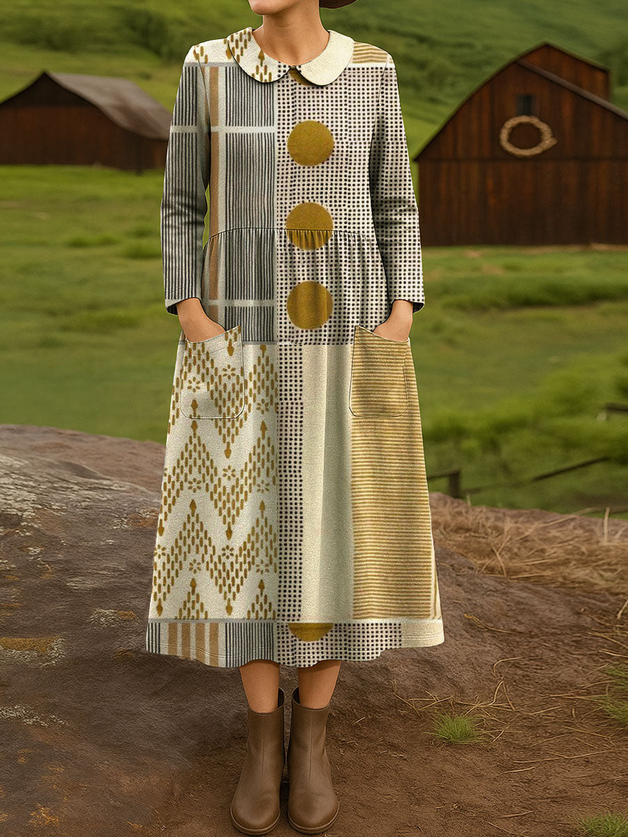 Women's Vintage Abstract Geometric Art Print Cotton Lapel Button-Down Shirt Dress