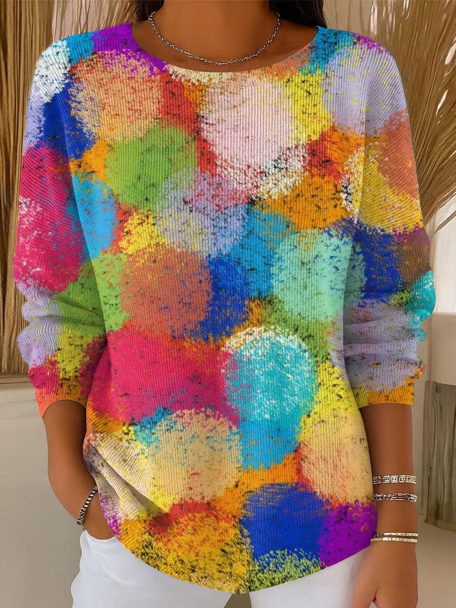 Women's Beautiful Colorful Circular Painterly Art Print Casual Pullover Sweater