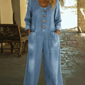 Casual V-neck Button-up Denim Jumpsuit Overalls
