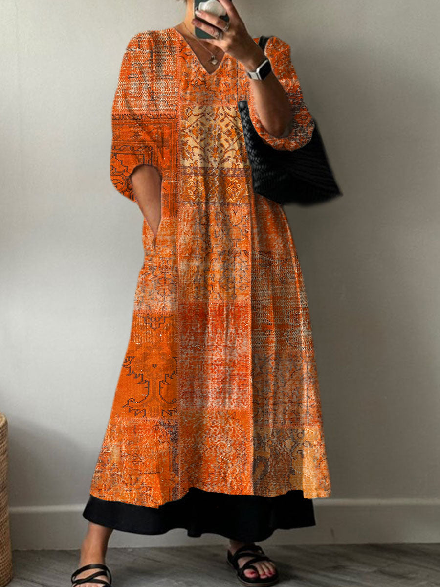 Women's Vintage  Art Print Pocket V-neck Cotton Dress