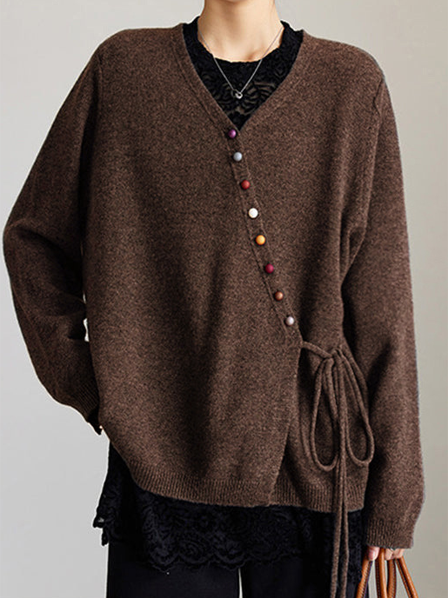 Women's Colorful Button Wool Lace-Up Sweater