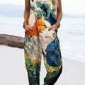 Women's Vintage Abstract Cat Art Print Casual 100% Cotton Wide Leg Jumpsuit