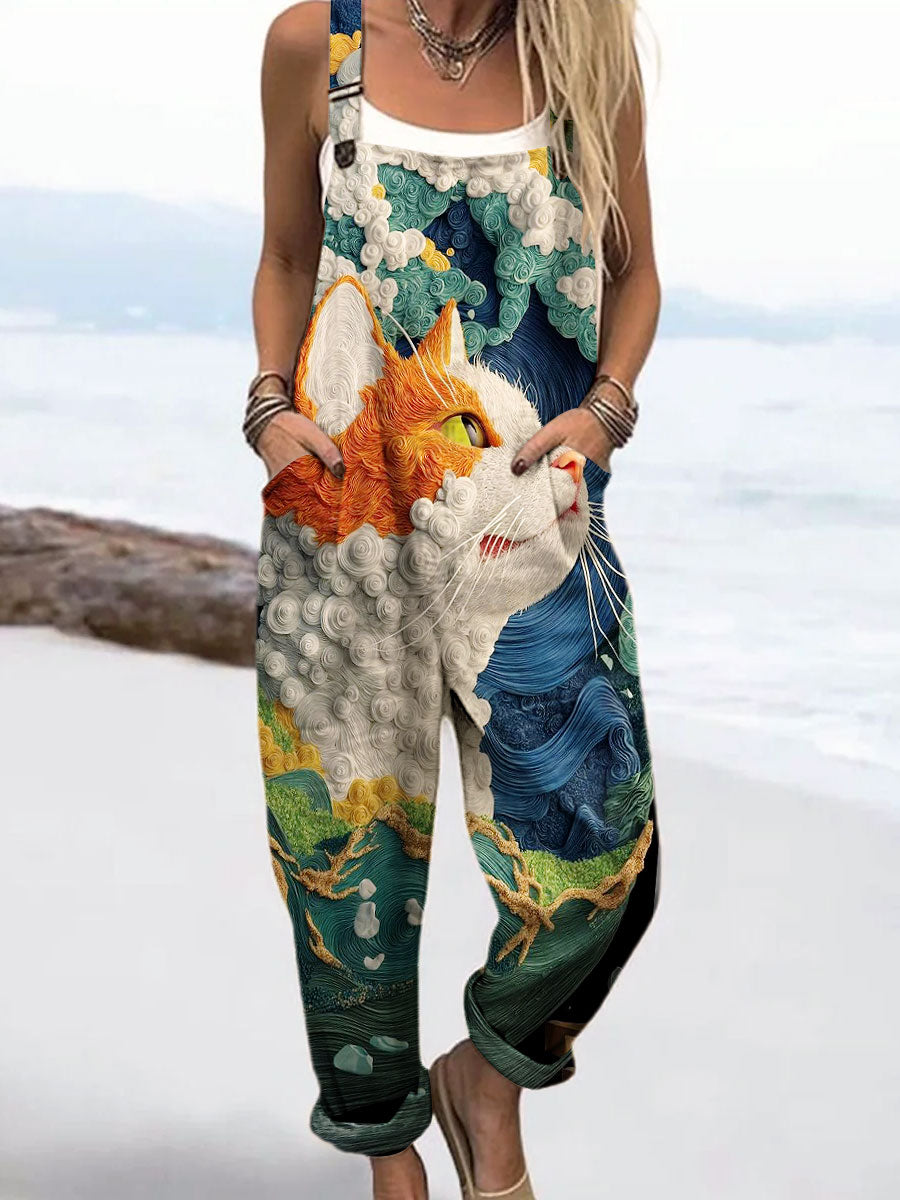 Women's Vintage Abstract Cat Art Print Casual 100% Cotton Wide Leg Jumpsuit