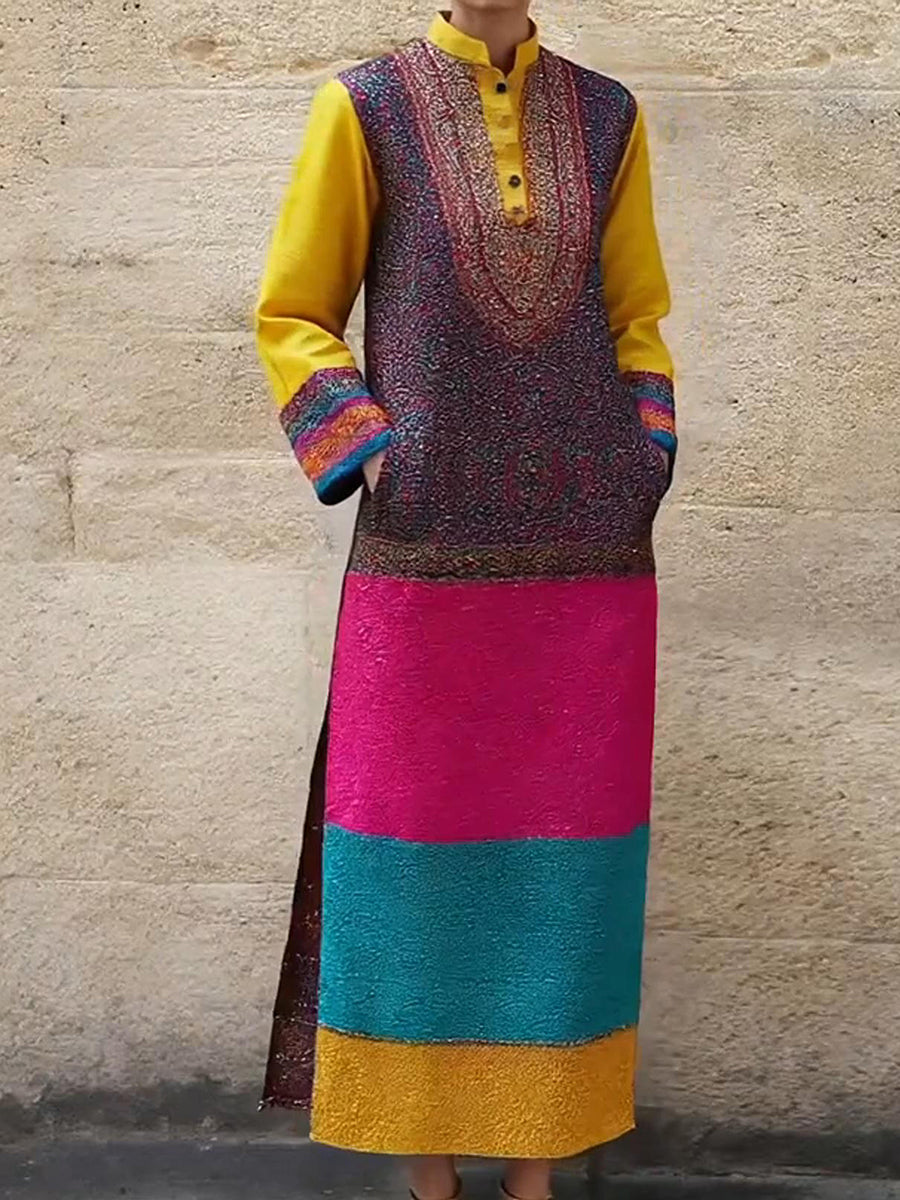 Artistic Color Block Maxi Dress with Pockets