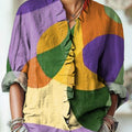 Women's Abstract Colorful Geometric Color Block Painting Art Print Casual Cotton And Linen Ruffle Shirt