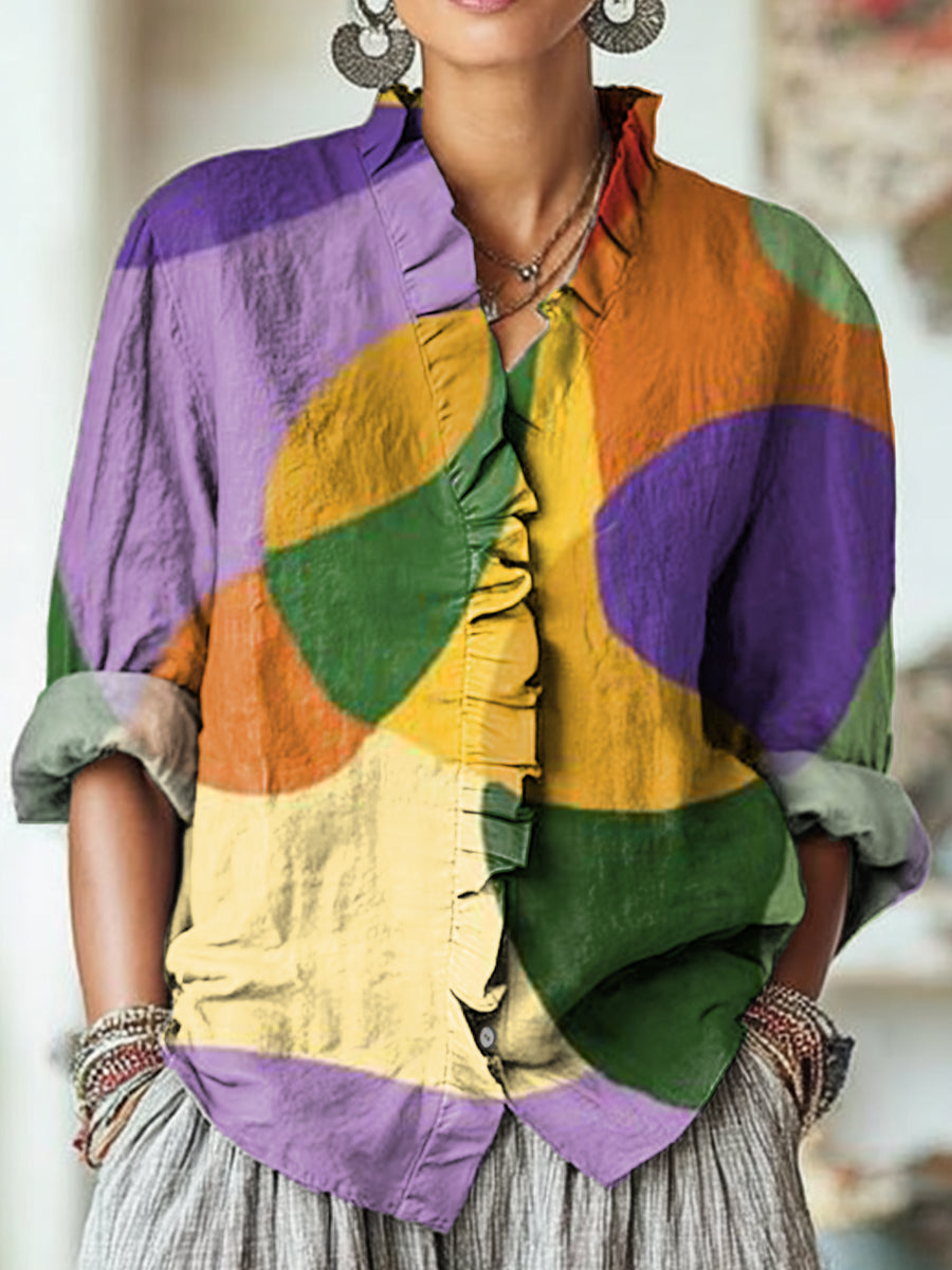 Women's Abstract Colorful Geometric Color Block Painting Art Print Casual Cotton And Linen Ruffle Shirt