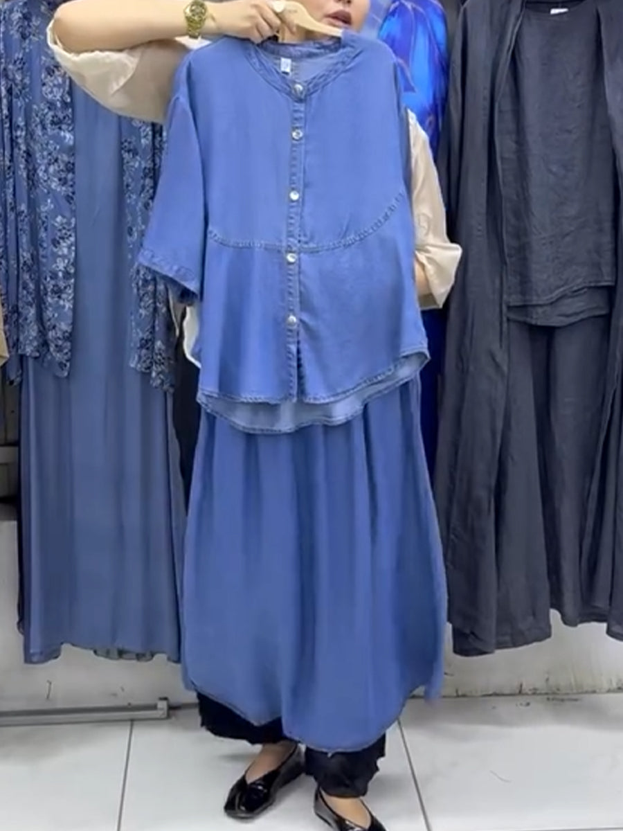 Women's Tencel Faux Denim Shirt and Skirt Set