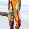 Women's Colorful Abstract Flower Art Print Casual 100% Cotton Wide Leg Jumpsuit