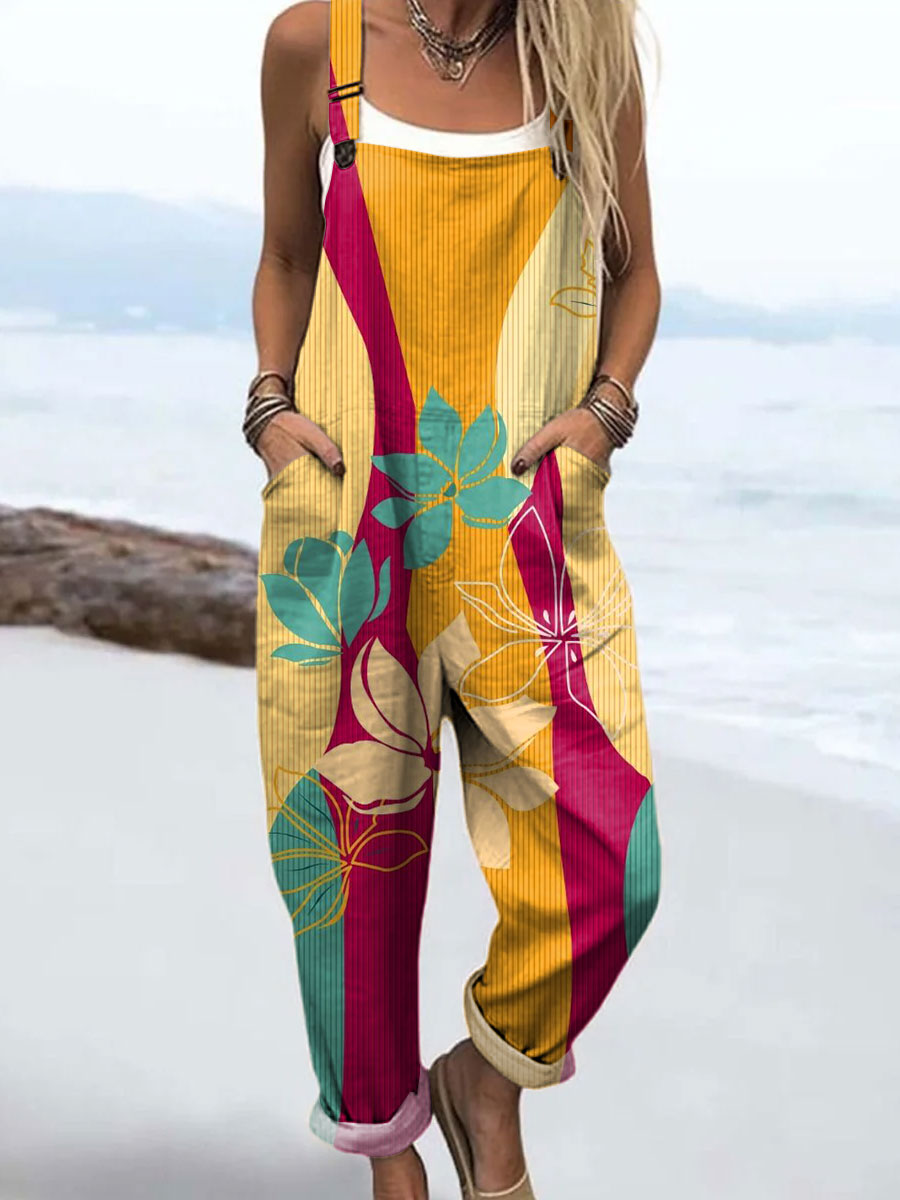 Women's Colorful Abstract Flower Art Print Casual 100% Cotton Wide Leg Jumpsuit