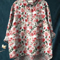 Watercolor Red Rose Pattern Printed Women's Casual Cotton And Linen Shirt