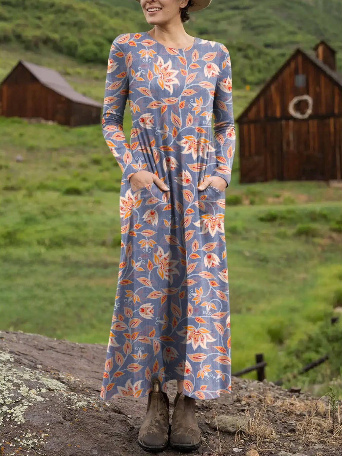 Women's Floral Art Print Casual Long-sleeved Dress
